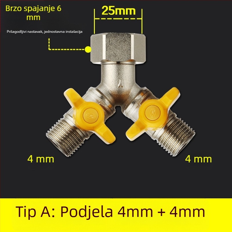 Bakarni kuglasti ventil s Unija Tee spojem, navojni, 25 mm glavni, 20 mm grana, 100°C