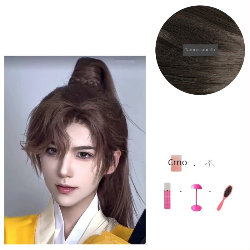 Muška perika Hanfu – drevni stil, duga kosa, visoka repa, potpuno pokriće glave, termički otporna sintetička vlakna