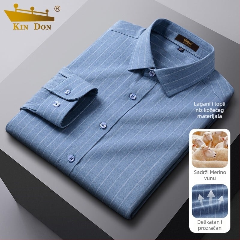 Košulja od vune s prugastim uzorkom, oštar ovratnik, duge rukave, opušten kroj.