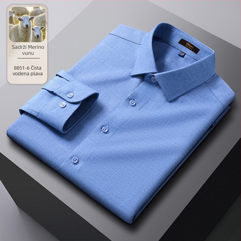 Košulja od vune s prugastim uzorkom, oštar ovratnik, duge rukave, opušten kroj.