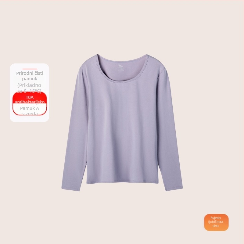 Ženski pamukasti termo komplet: tanak materijal (121–140 g/m²), 95–100% pamuk, okrugli izrez, dugi rukavi, osnovni sloj za nošenje i vani