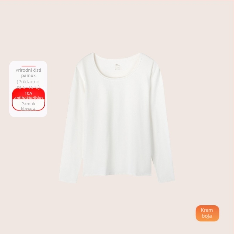 Ženski pamukasti termo komplet: tanak materijal (121–140 g/m²), 95–100% pamuk, okrugli izrez, dugi rukavi, osnovni sloj za nošenje i vani