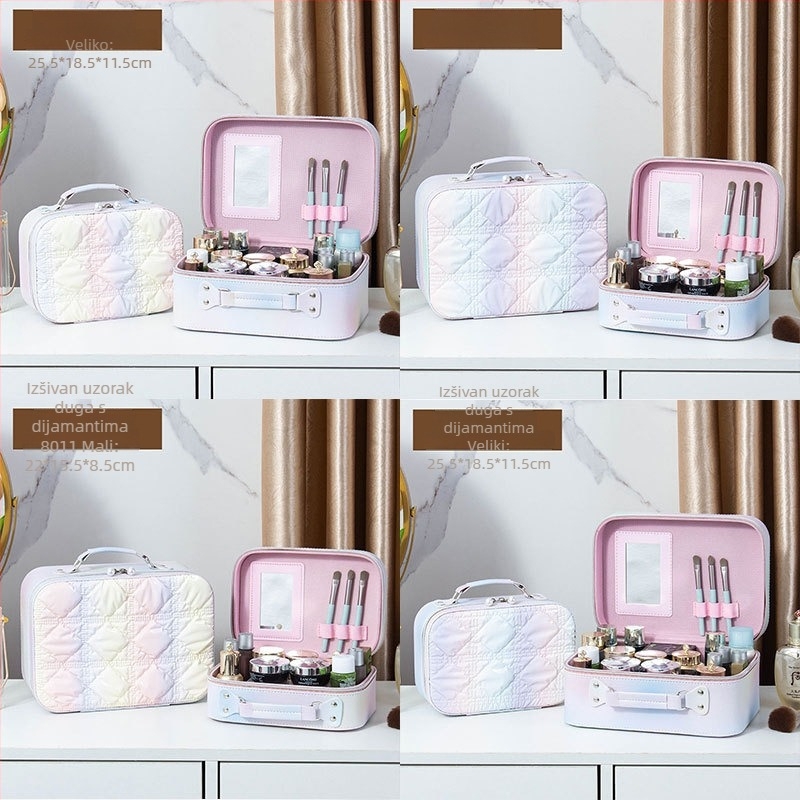 Kozmetička torbica s ogledalom, PVC materijal, zatvarač, karirani uzorak, prijenosna s univerzalnim kotačićima