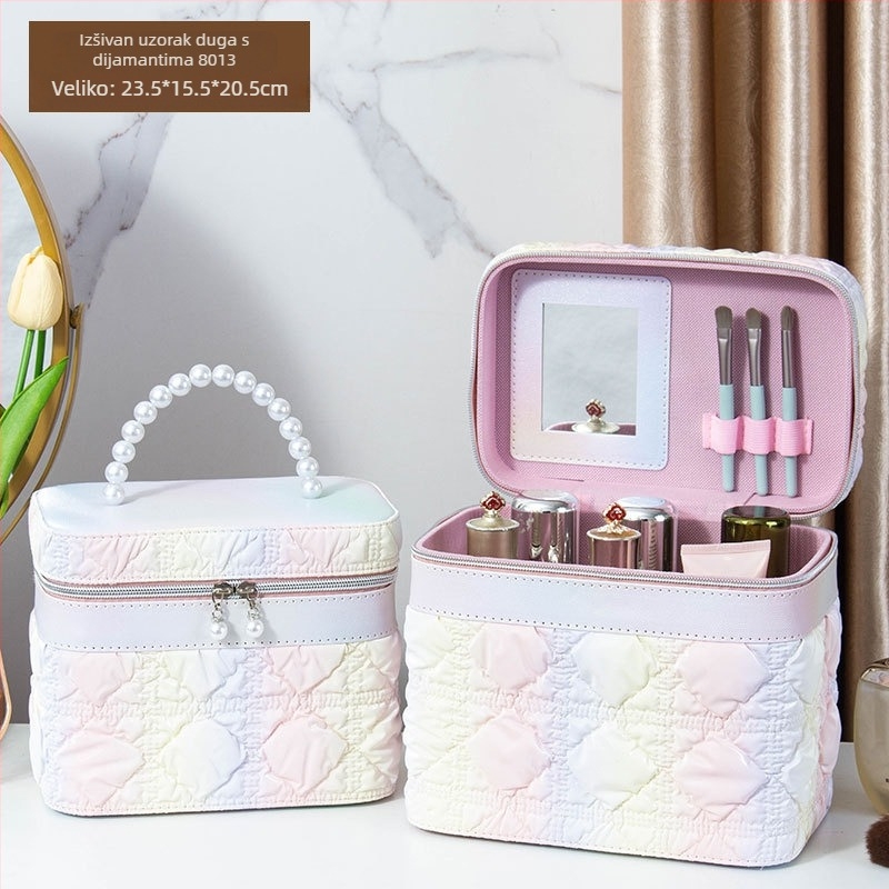 Kozmetička torbica s ogledalom, PVC materijal, zatvarač, karirani uzorak, prijenosna s univerzalnim kotačićima