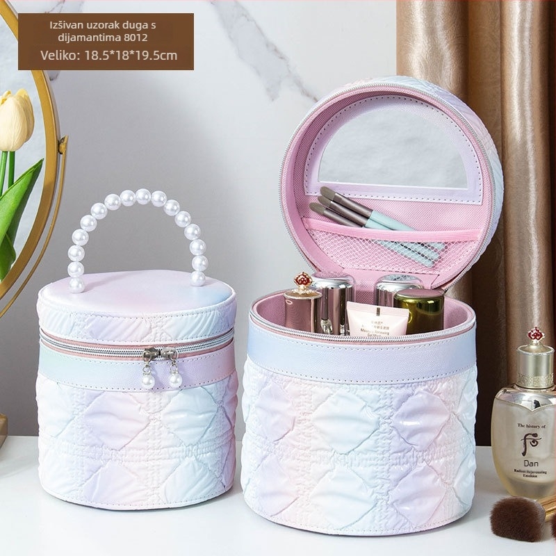 Kozmetička torbica s ogledalom, PVC materijal, zatvarač, karirani uzorak, prijenosna s univerzalnim kotačićima