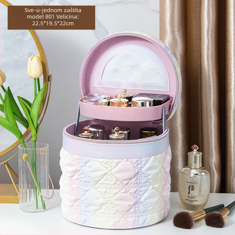 Kozmetička torbica s ogledalom, PVC materijal, zatvarač, karirani uzorak, prijenosna s univerzalnim kotačićima