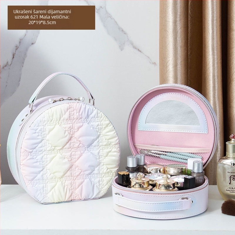 Kozmetička torbica s ogledalom, PVC materijal, zatvarač, karirani uzorak, prijenosna s univerzalnim kotačićima