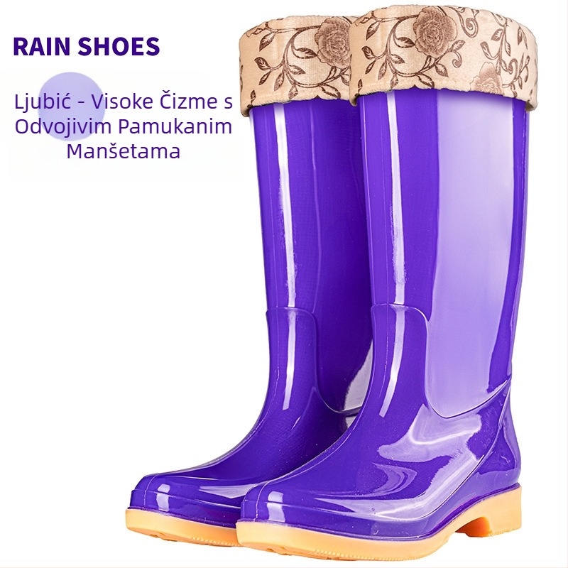 Ženske čizme za kišu od PVC-a, srednje duljine, vodootporne i protuklizne, s pamukom podstavljenim.