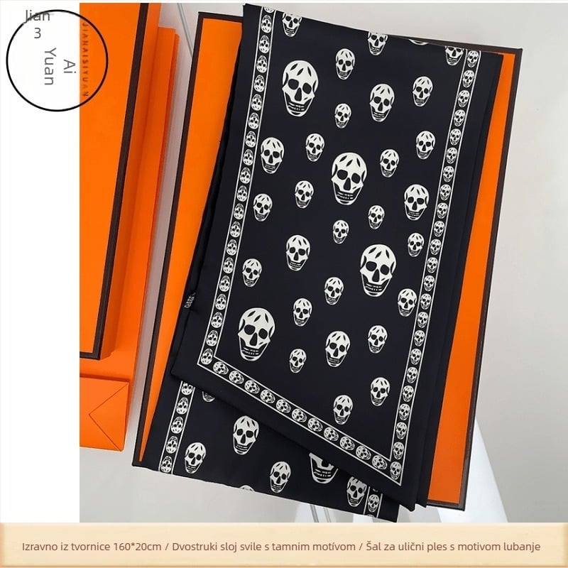 Dekorativni šal za Halloween s printom lubanje, od twill svile, tkanje twill, stil punk niša — marka Jane Eyre Silk Edge