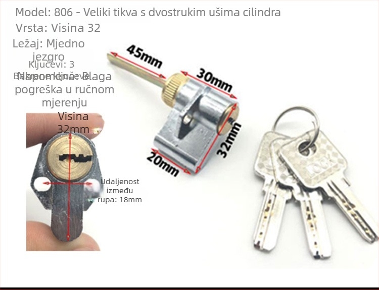 Cilindar za zaključavanje, posebno oblikovan elektronički cilindar za unutarnja vrata i hotelska vrata, cinkova legura