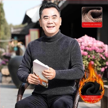 Muški chenilni pleteni džemper s visokim ovratnikom, flis podstava, debeli, dugi rukavi, glavna tkanina 85% poliester.