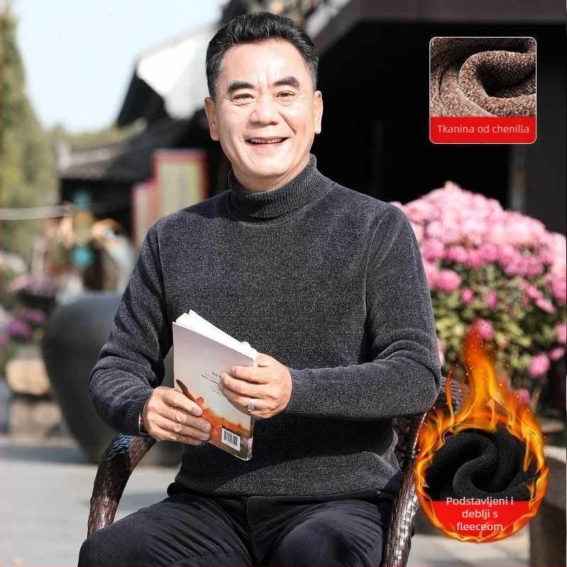 Muški chenilni pleteni džemper s visokim ovratnikom, flis podstava, debeli, dugi rukavi, glavna tkanina 85% poliester.