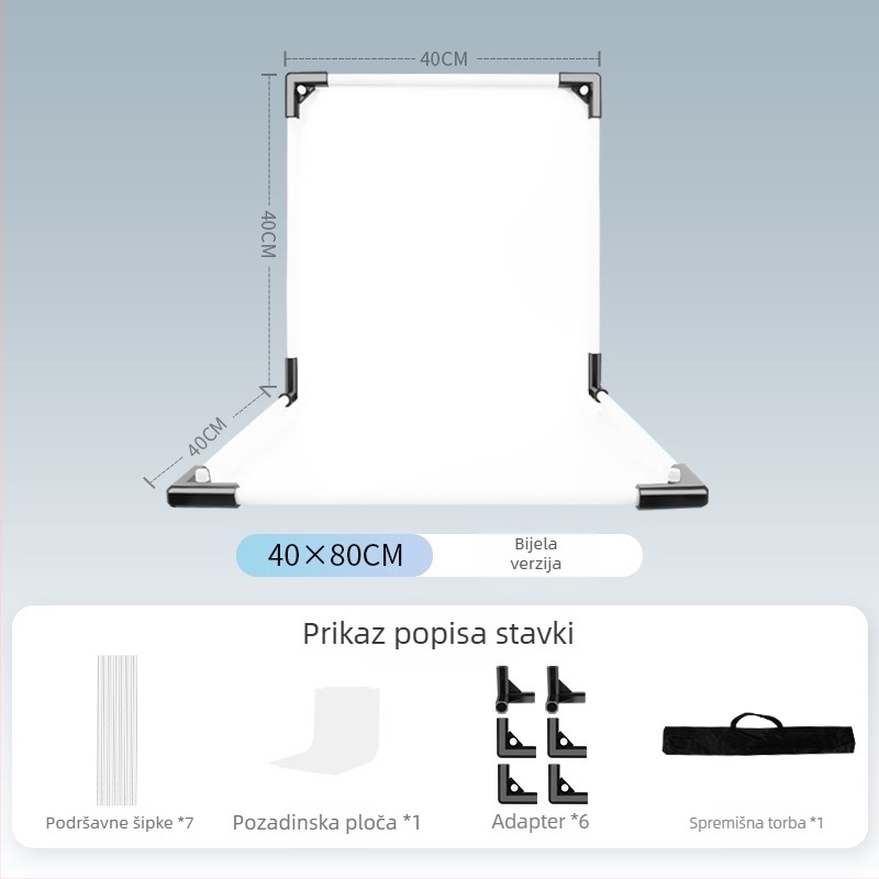 Stalak za pozadinu za fotografiranje proizvoda, metal i PVC, težina 1 kg, paket uključuje: nosač šipke, adapter, pozadinska ploča, prijenosna torba, upute