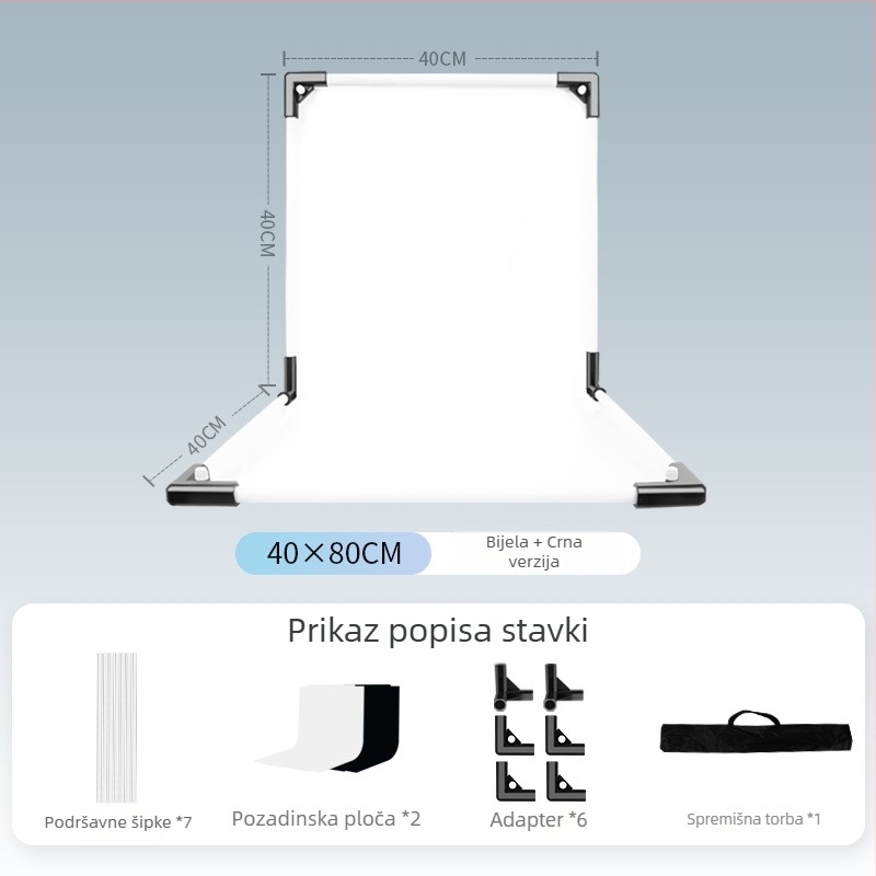 Stalak za pozadinu za fotografiranje proizvoda, metal i PVC, težina 1 kg, paket uključuje: nosač šipke, adapter, pozadinska ploča, prijenosna torba, upute