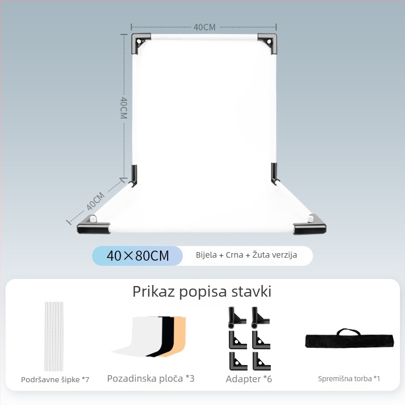 Stalak za pozadinu za fotografiranje proizvoda, metal i PVC, težina 1 kg, paket uključuje: nosač šipke, adapter, pozadinska ploča, prijenosna torba, upute