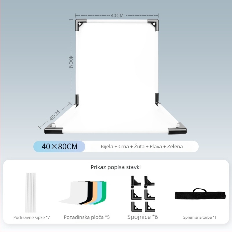 Stalak za pozadinu za fotografiranje proizvoda, metal i PVC, težina 1 kg, paket uključuje: nosač šipke, adapter, pozadinska ploča, prijenosna torba, upute