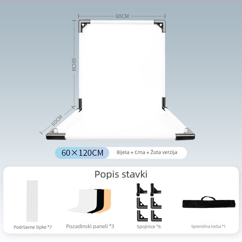 Stalak za pozadinu za fotografiranje proizvoda, metal i PVC, težina 1 kg, paket uključuje: nosač šipke, adapter, pozadinska ploča, prijenosna torba, upute