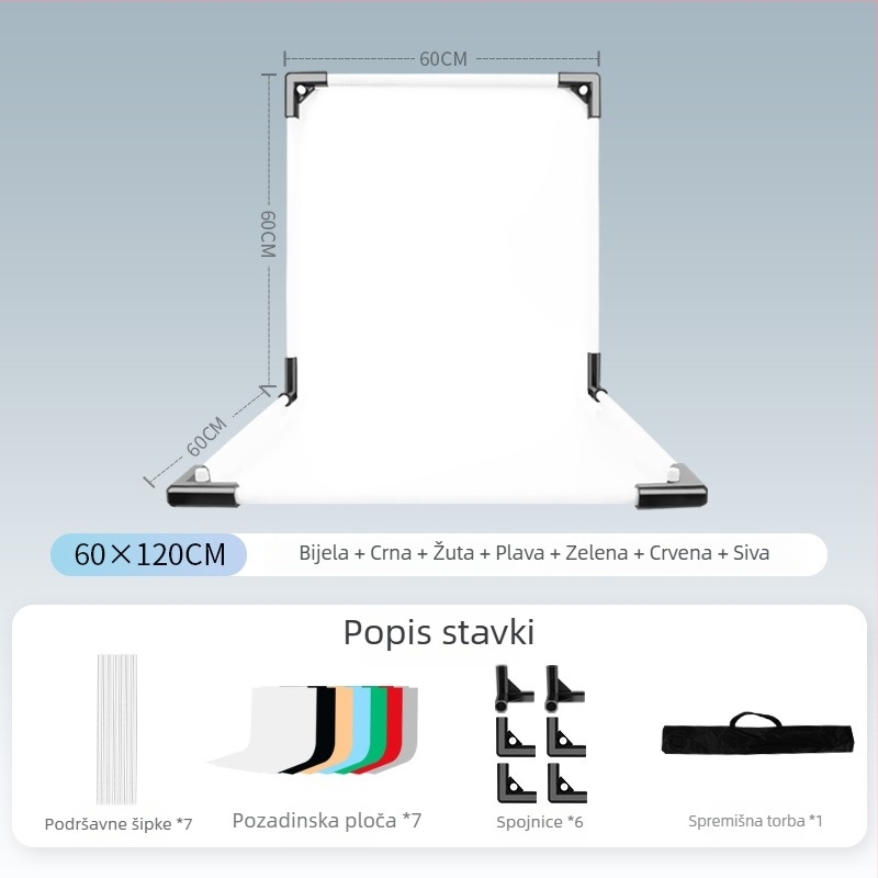 Stalak za pozadinu za fotografiranje proizvoda, metal i PVC, težina 1 kg, paket uključuje: nosač šipke, adapter, pozadinska ploča, prijenosna torba, upute