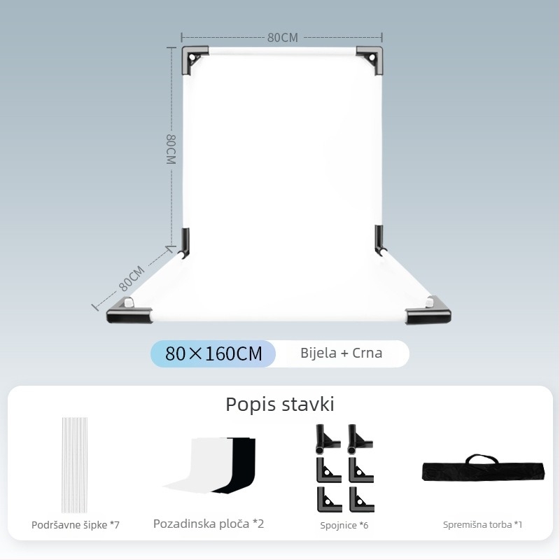 Stalak za pozadinu za fotografiranje proizvoda, metal i PVC, težina 1 kg, paket uključuje: nosač šipke, adapter, pozadinska ploča, prijenosna torba, upute