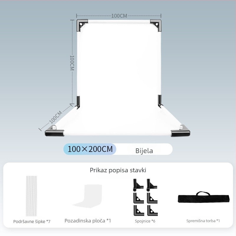 Stalak za pozadinu za fotografiranje proizvoda, metal i PVC, težina 1 kg, paket uključuje: nosač šipke, adapter, pozadinska ploča, prijenosna torba, upute