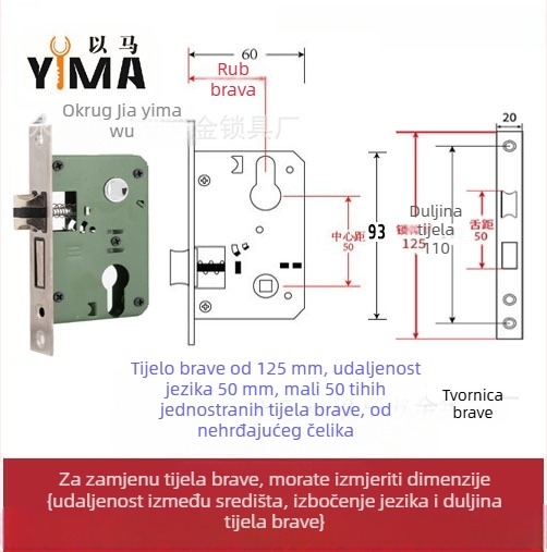 Držač brave za unutarnja drvena vrata — mehaničko tijelo brave, ugradbeni način, univerzalni cilindar, modeli 5045/5845/7255