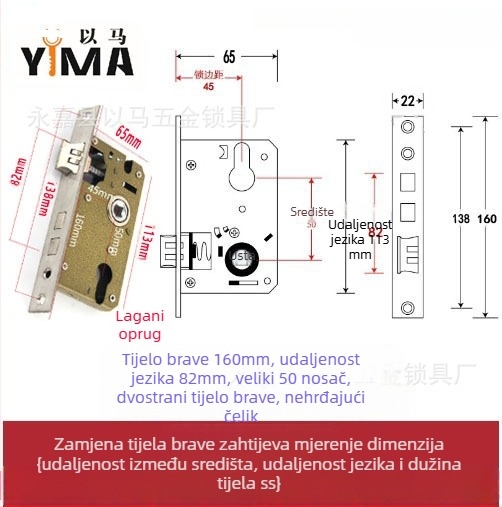 Držač brave za unutarnja drvena vrata — mehaničko tijelo brave, ugradbeni način, univerzalni cilindar, modeli 5045/5845/7255