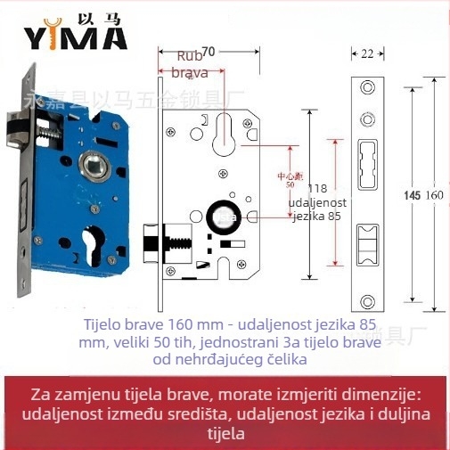 Držač brave za unutarnja drvena vrata — mehaničko tijelo brave, ugradbeni način, univerzalni cilindar, modeli 5045/5845/7255