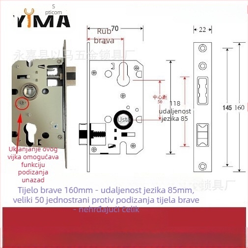 Držač brave za unutarnja drvena vrata — mehaničko tijelo brave, ugradbeni način, univerzalni cilindar, modeli 5045/5845/7255