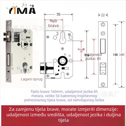 Držač brave za unutarnja drvena vrata — mehaničko tijelo brave, ugradbeni način, univerzalni cilindar, modeli 5045/5845/7255