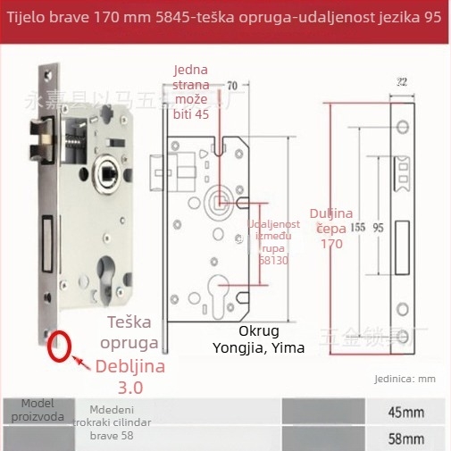 Držač brave za unutarnja drvena vrata — mehaničko tijelo brave, ugradbeni način, univerzalni cilindar, modeli 5045/5845/7255