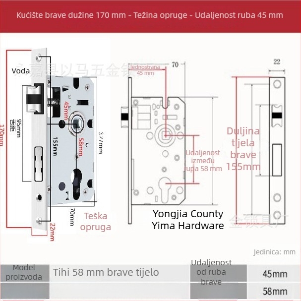 Držač brave za unutarnja drvena vrata — mehaničko tijelo brave, ugradbeni način, univerzalni cilindar, modeli 5045/5845/7255