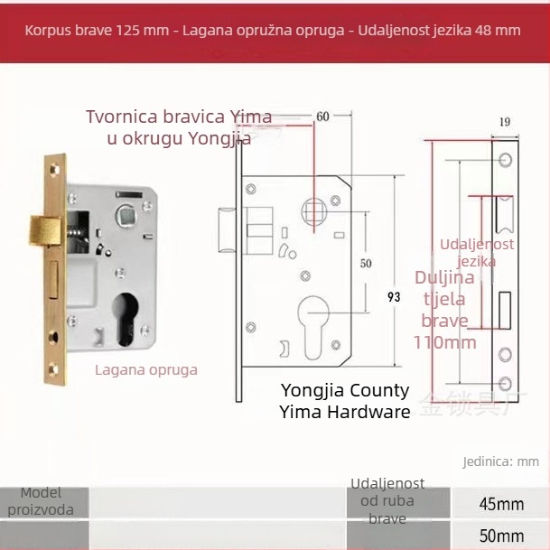 Držač brave za unutarnja drvena vrata — mehaničko tijelo brave, ugradbeni način, univerzalni cilindar, modeli 5045/5845/7255
