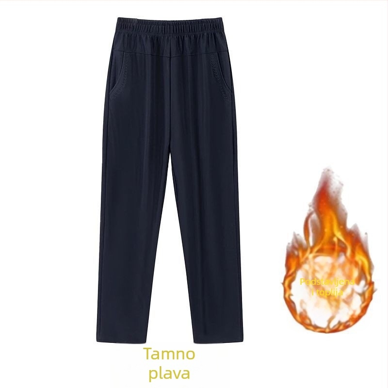 Ravne casual hlače za žene srednje dobi, visok struk, debela fleece podstava, bambus/Lyocell materijal
