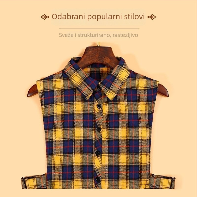 Ženski lažni ovratnik — džemper-stil s kariranim ovratnikom, višenamjenski gornji dio, šiljasti ovratnik, pamuk