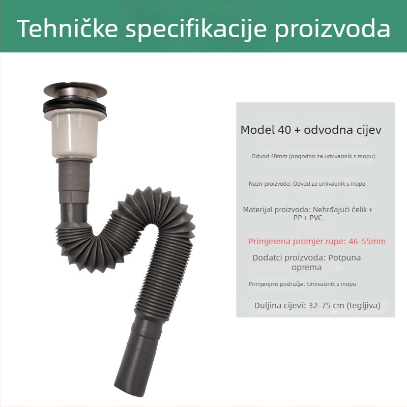 Univerzalni set odvodnje za mop sudoper i razne umivaonike, odvodna cijev tipa P, CE potvrda, univerzalni skup dodataka