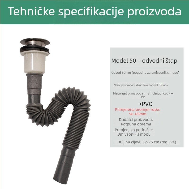 Univerzalni set odvodnje za mop sudoper i razne umivaonike, odvodna cijev tipa P, CE potvrda, univerzalni skup dodataka