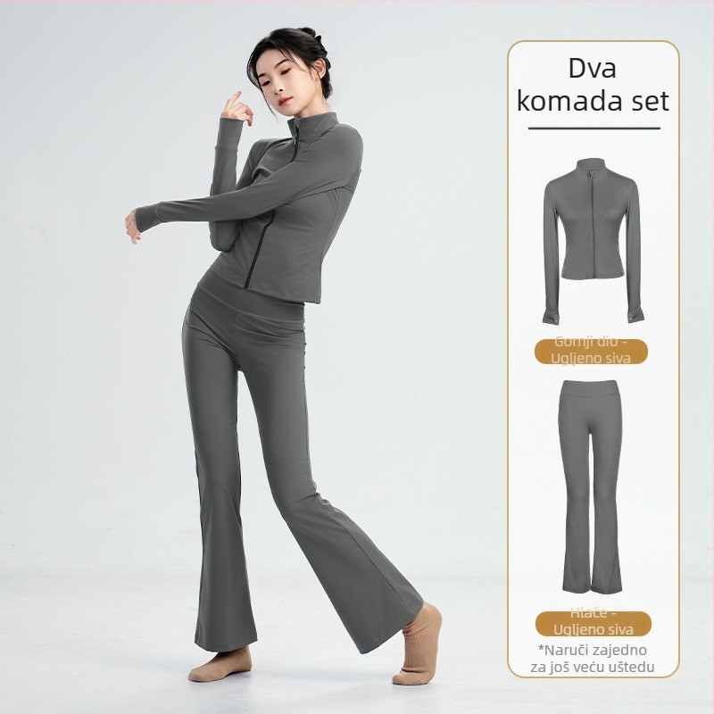 Set za moderan plesni odjev: dugi rukav top s visokom elastičnošću, baletna trenirka jakna i gimnastički leotard; za zimu, proljeće i jesen; odrasle žene; poliester/nylon tkanina; podstava Modal s 22% elastana