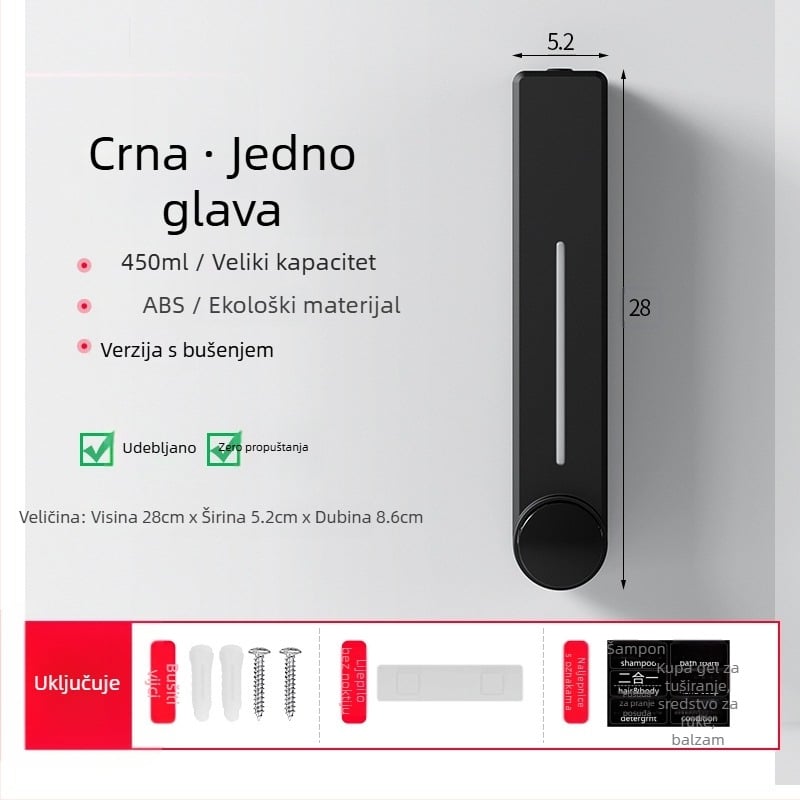 Zidni dispenzer tekućeg sapuna za pranje ruke, šampon i gel za tuširanje | Plastika, oksidirani završni sloj, moderni minimalistički stil, gumb za pritisak