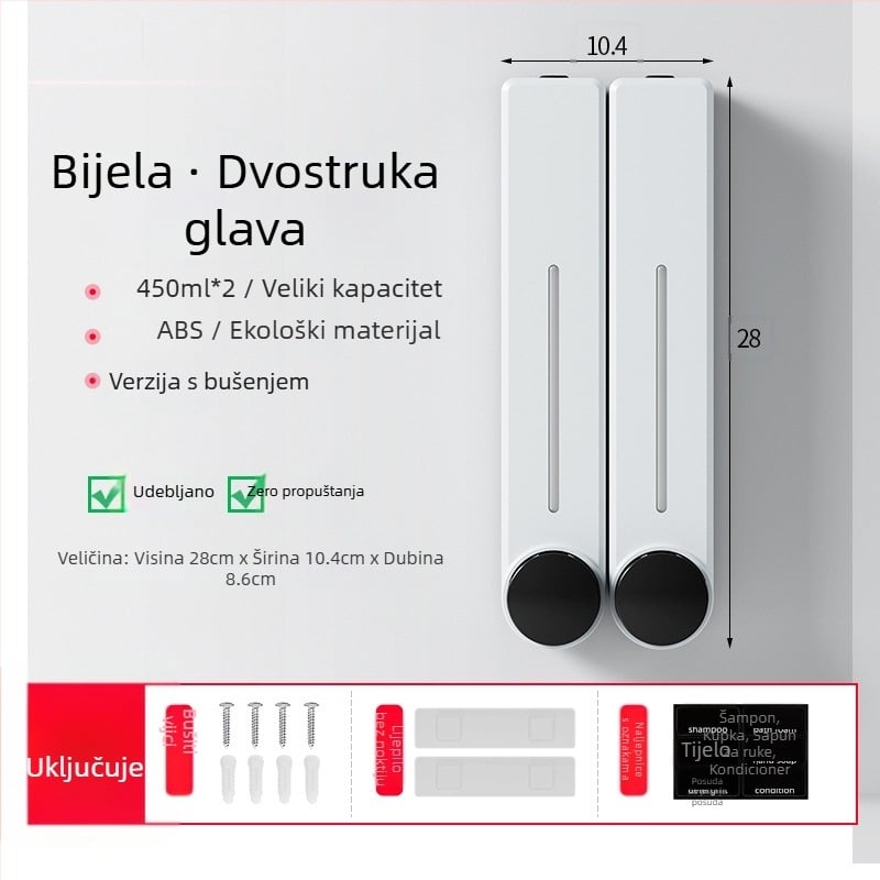 Zidni dispenzer tekućeg sapuna za pranje ruke, šampon i gel za tuširanje | Plastika, oksidirani završni sloj, moderni minimalistički stil, gumb za pritisak