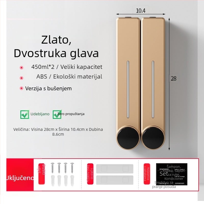 Zidni dispenzer tekućeg sapuna za pranje ruke, šampon i gel za tuširanje | Plastika, oksidirani završni sloj, moderni minimalistički stil, gumb za pritisak