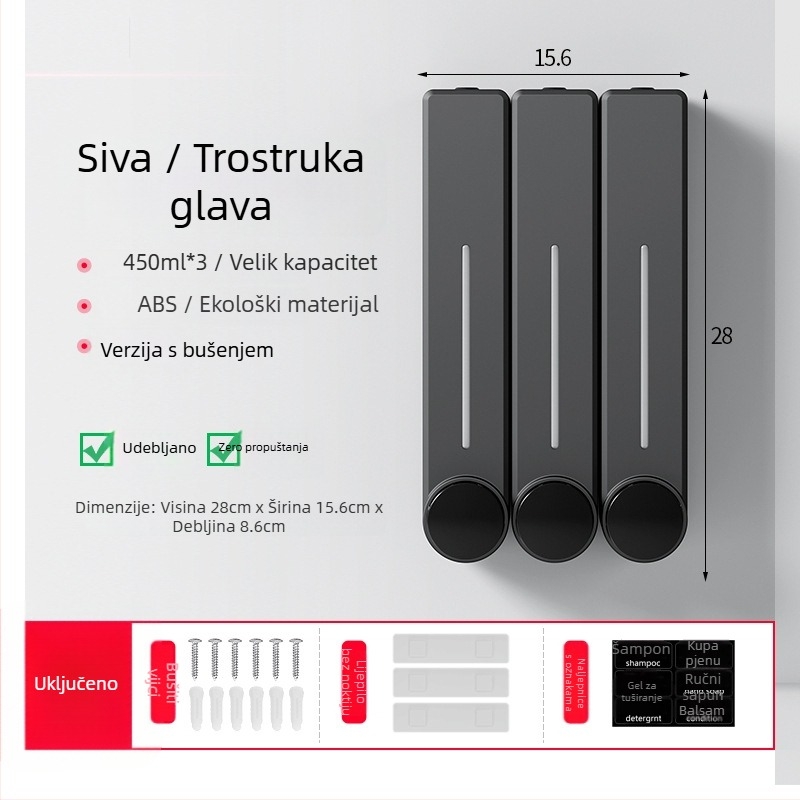 Zidni dispenzer tekućeg sapuna za pranje ruke, šampon i gel za tuširanje | Plastika, oksidirani završni sloj, moderni minimalistički stil, gumb za pritisak