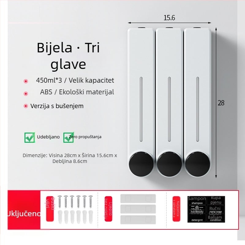 Zidni dispenzer tekućeg sapuna za pranje ruke, šampon i gel za tuširanje | Plastika, oksidirani završni sloj, moderni minimalistički stil, gumb za pritisak