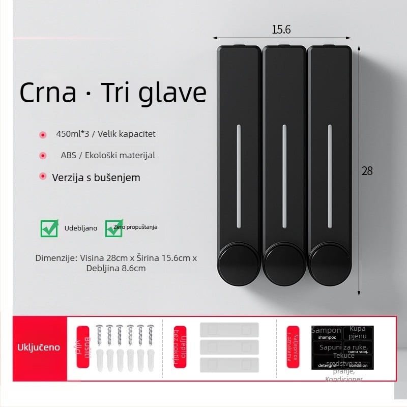 Zidni dispenzer tekućeg sapuna za pranje ruke, šampon i gel za tuširanje | Plastika, oksidirani završni sloj, moderni minimalistički stil, gumb za pritisak