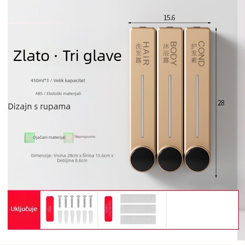 Zidni dispenzer tekućeg sapuna za pranje ruke, šampon i gel za tuširanje | Plastika, oksidirani završni sloj, moderni minimalistički stil, gumb za pritisak