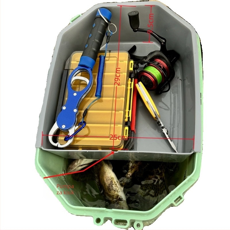 Kutija za ribolov s odjelom suho/mokro, kanta za žive ribe s umetkom za štap, sjedalo, čvrsta kutija za ribolov uz rijeku