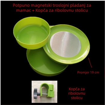 Trojestupanjski magnetski tanjur za mamce s kutijom i posudom za žive mamce, za ribarsku stolicu; uključuje zemni klin i kopču za stolicu