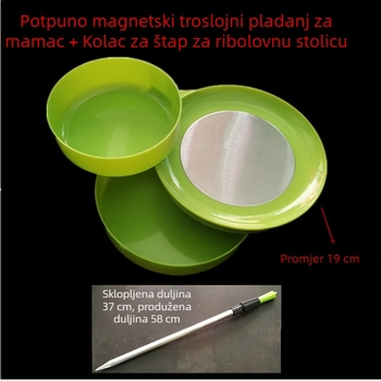 Trojestupanjski magnetski tanjur za mamce s kutijom i posudom za žive mamce, za ribarsku stolicu; uključuje zemni klin i kopču za stolicu
