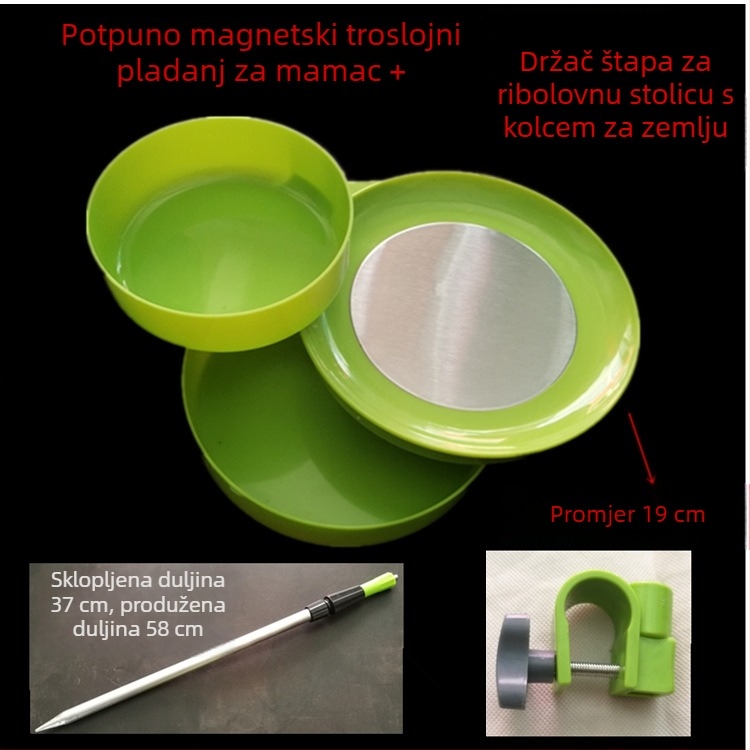 Trojestupanjski magnetski tanjur za mamce s kutijom i posudom za žive mamce, za ribarsku stolicu; uključuje zemni klin i kopču za stolicu