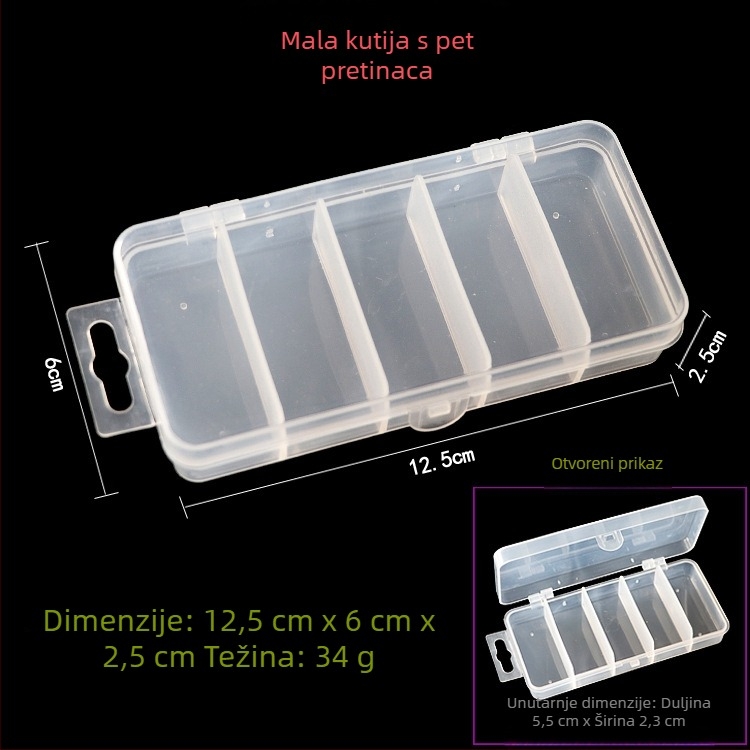 Kutija s pet odjeljaka za lure i ribolovnu opremu, plastična kutija za pohranu