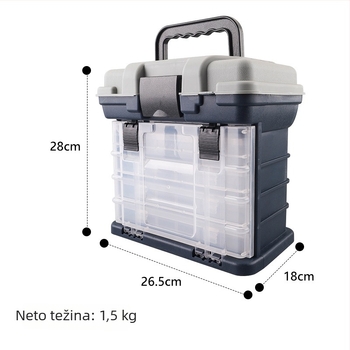 Višenamjenska kutija za ribolov s sjedalom, velikim kapacitetom za pohranu te prijenosna kutija za mamce i dodatke.